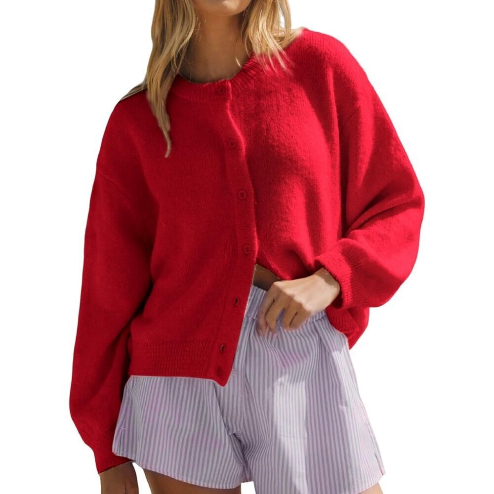 Womens Chunky Knit Button Down Cropped Cardigan Sweater Long Sleeve